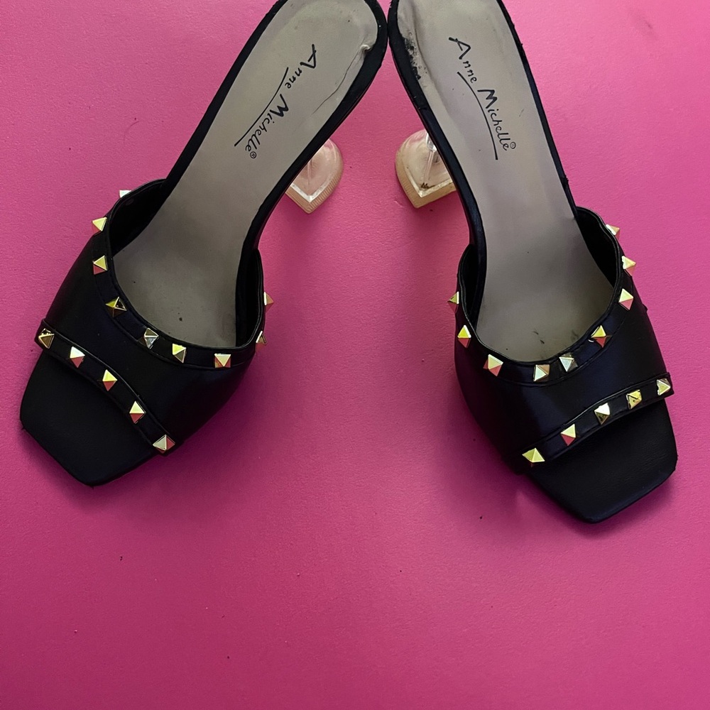 Anne Michelle Black Mules with Gold Accents